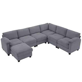 7-seat Corduroy Corner Sectional Sofas with a Removable Ottoman, L-shaped Reversible Modular Couch