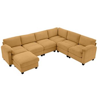 7-seat Corduroy Corner Sectional Sofas with a Removable Ottoman, L-shaped Reversible Modular Couch