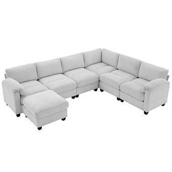 7-seat Corduroy Corner Sectional Sofas with a Removable Ottoman, L-shaped Reversible Modular Couch