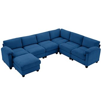 7-seat Corduroy Corner Sectional Sofas with a Removable Ottoman, L-shaped Reversible Modular Couch