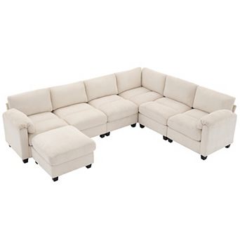 7-seat Corduroy Corner Sectional Sofas with a Removable Ottoman, L-shaped Reversible Modular Couch