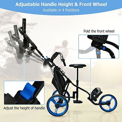 3 Wheel Folding Golf Push Cart with Seat Scoreboard and Adjustable Handle