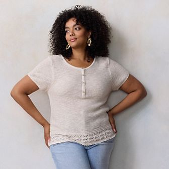 Plus Size LC Lauren Conrad Short Sleeve Henley Sweater Tee