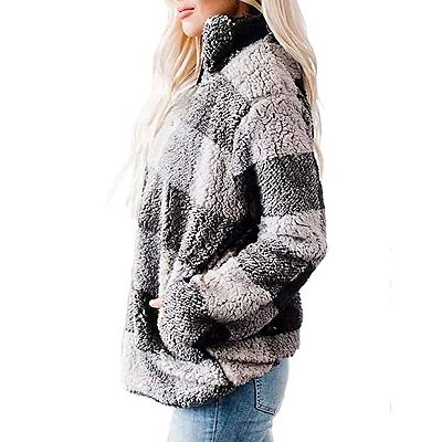 Haute Edition Women's 1/4 Zip Buffalo Plaid Sherpa Sweatshirt