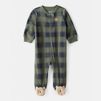 Baby Boy Carter’s One Piece Bear Plaid Print Loose Fit Long-Sleeve Sleep & Play Pajamas