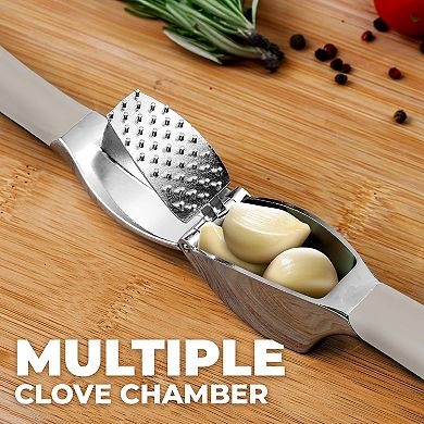 Zulay Kitchen Garlic Press Comfort Grip with Peeler and Brush