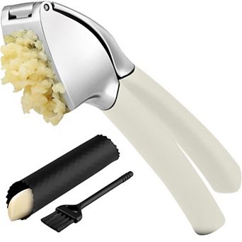 Zulay Kitchen Garlic Press Comfort Grip with Peeler and Brush
