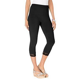 Roaman's Women's Plus Size Lace Trim Essential Stretch Capri Legging