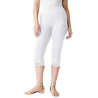 Roaman's Women's Plus Size Lace Trim Essential Stretch Capri Legging