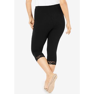 Roaman's Women's Plus Size Petite Lace Trim Essential Stretch Capri Legging