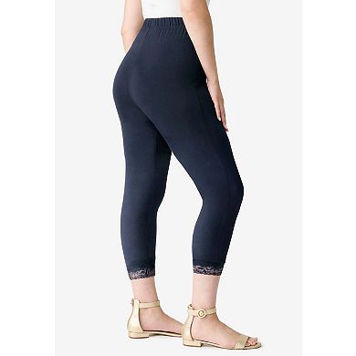 Roaman's Women's Plus Size Petite Lace Trim Essential Stretch Capri Legging