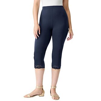 Roaman's Women's Plus Size Petite Lace Trim Essential Stretch Capri Legging