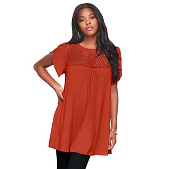 Roaman's Women's Plus Size Lace Yoke Pleated Tunic