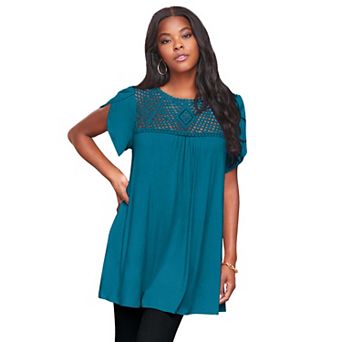 Roaman's Women's Plus Size Lace Yoke Pleated Tunic