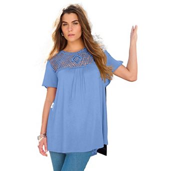 Roaman's Women's Plus Size Lace Yoke Pleated Tunic