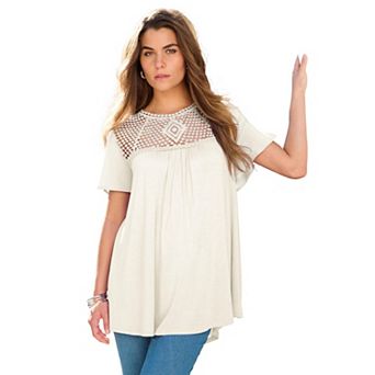 Roaman's Women's Plus Size Lace Yoke Pleated Tunic