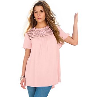 Roaman's Women's Plus Size Lace Yoke Pleated Tunic