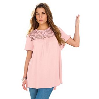 Roaman's Women's Plus Size Lace Yoke Pleated Tunic