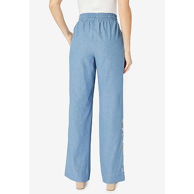 Roaman's Women's Plus Size Plus Size Embroidered Pull-On Wide-Leg Chambray Pant