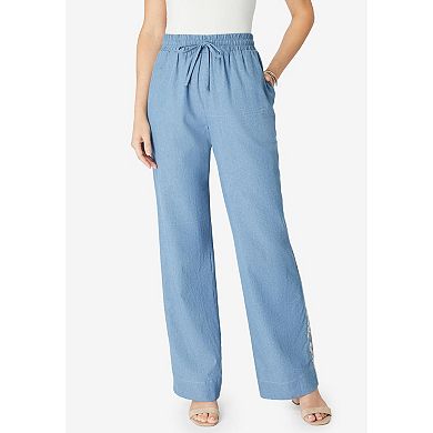 Roaman's Women's Plus Size Embroidered Pull-On Wide-Leg Chambray Pant