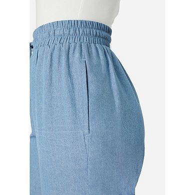 Roaman's Women's Plus Size Embroidered Pull-On Wide-Leg Chambray Pant