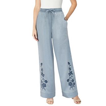 Roaman's Women's Plus Size Embroidered Pull-On Wide-Leg Chambray Pant
