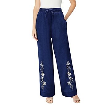 Roaman's Women's Plus Size Embroidered Pull-On Wide-Leg Chambray Pant