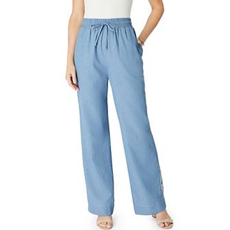 Roaman's Women's Plus Size Plus Size Embroidered Pull-On Wide-Leg Chambray Pant