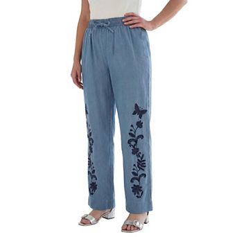 Roaman's Women's Plus Size Embroidered Pull-On Wide-Leg Chambray Pant