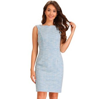 Tweed Dress for Women's Business Boat Neck Sleeveless Plaid Sheath Dresses