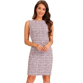 Tweed Dress for Women's Business Boat Neck Sleeveless Plaid Sheath Dresses
