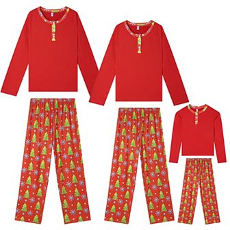 Long Sleeve Button Up Pjs Tree Print Festival Party Sleepwear Pajamas Sets for Children