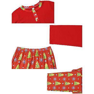 Long Sleeve Button Up Pjs Tree Print Festival Party Sleepwear Pajamas Sets for Children
