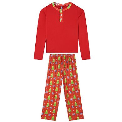 Long Sleeve Button Up Pjs Tree Print Festival Party Sleepwear Pajamas Sets for Children