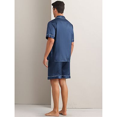 Satin Pajamas Set for Men's Short Sleeve Sleepwear Two-Pieces Loungewear with Pockets Soft Pajamas