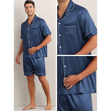 Satin Pajamas Set for Men's Short Sleeve Sleepwear Two-Pieces Loungewear with Pockets Soft Pajamas