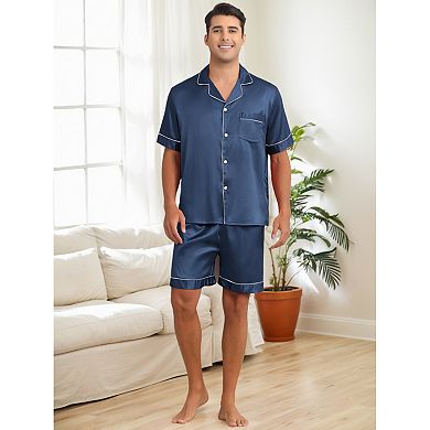 Satin Pajamas Set for Men's Short Sleeve Sleepwear Two-Pieces Loungewear with Pockets Soft Pajamas