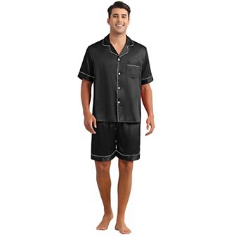 Satin Pajamas Set for Men's Short Sleeve Sleepwear Two-Pieces Loungewear with Pockets Soft Pajamas