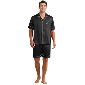 Satin Pajamas Set for Men's Short Sleeve Sleepwear Two-Pieces Loungewear with Pockets Soft Pajamas