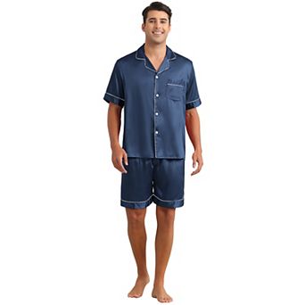 Satin Pajamas Set for Men's Short Sleeve Sleepwear Two-Pieces Loungewear with Pockets Soft Pajamas
