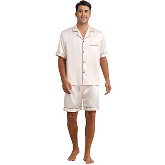 Satin Pajamas Set for Men's Short Sleeve Sleepwear Two-Pieces Loungewear with Pockets Soft Pajamas
