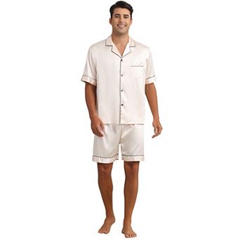 Satin Pajamas Set for Men's Short Sleeve Sleepwear Two-Pieces Loungewear with Pockets Soft Pajamas