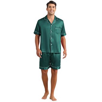 Satin Pajamas Set for Men's Short Sleeve Sleepwear Two-Pieces Loungewear with Pockets Soft Pajamas