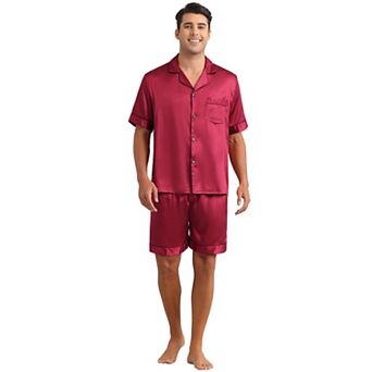 Satin Pajamas Set for Men's Short Sleeve Sleepwear Two-Pieces Loungewear with Pockets Soft Pajamas