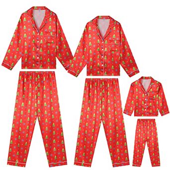 Satin Long Sleeve Button Down Pjs Tree Print Sleepwear Pajamas Sets for Children