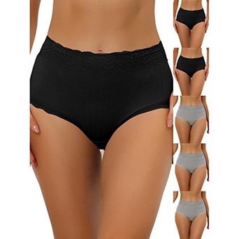 6 Packs Women's High Waist Underwear Tummy Control Comfortable Lace Trim Ribbed Panties
