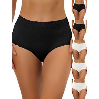 6 Packs Women's High Waist Underwear Tummy Control Comfortable Lace Trim Ribbed Panties