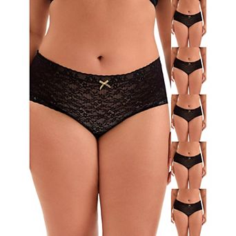 6 pc Women's Lace Trim High Waist Solid Brief Stretchy Rib Panties