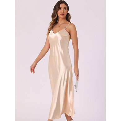 Satin Sleeveless Dresses for Women's V Neck Spaghetti Strap Evening Party Silky Maxi Dress