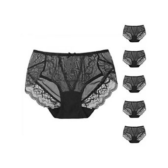 6 pc Women's Sheer Lace Trim High Waist Solid Brief Stretchy Panties